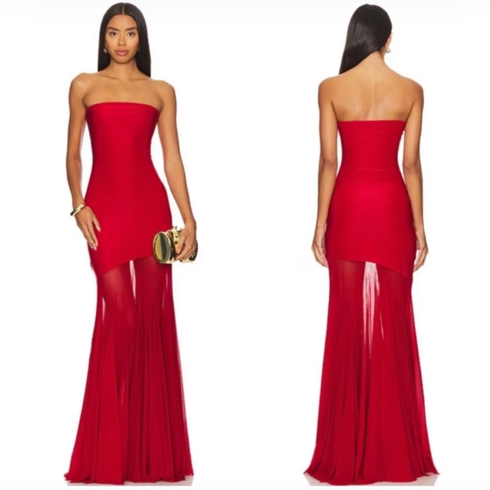 Strapless Red Maxi Dress with Sheer Skirt